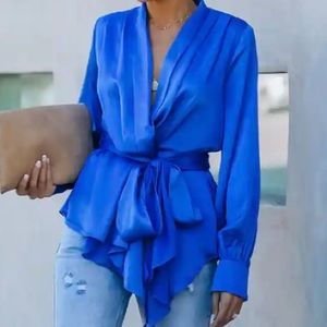 Blue satin drape shirt with tie on waist